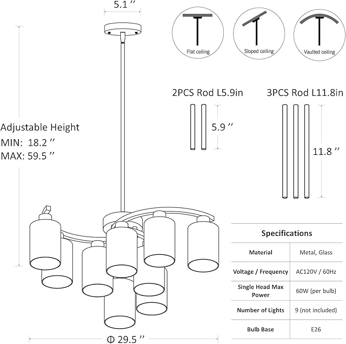 9-Light Antique White Chandelier with Clear Glass Shade, French Country Chandeliers for Dining Room, Adjustable Height Hanging Chandelier for Kitchen Island Living Room Foyer Bedroom
