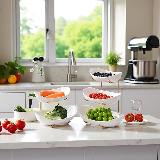 HBlife Extra Large Fruit Basket for Kitchen Counter - 2 Tier Ceramic Fruit Bowl with Metal Stand, Bathroom Countertop Organizer, Tiered Serving Trays for Party