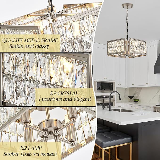 12” 4-Light Modern Crystal Chandeliers Nickel Dinning Room Light Fixture, Square Pendant Light Kitchen Island Chandelier, Flush Mount Ceiling Light for Living Room Entryway Bedroom Foyer