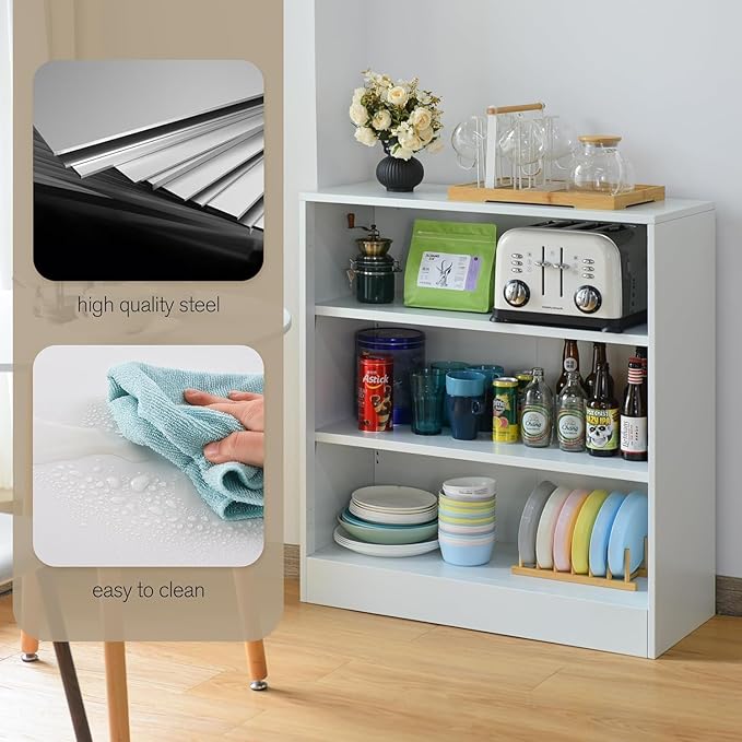 3-Tier Bookshelf with Adjustable Shelves, White Metal Space Saving Storage Shelf Bookcase, Small Open Storage Shelf for Living Room, Home Office, Dinning Room, Pantry (White-36H)