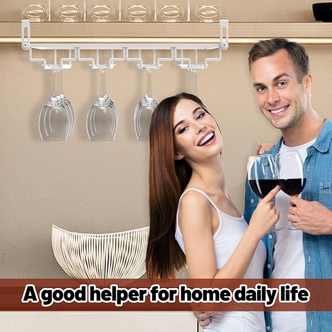 AUHOKY 2Pcs Adjustable Wine Glass Rack Under Cabinet, Punch-Free 4 Rows Stemware Wine Glass Metal Holder, Hanging Wine Glasses Storage Hanger Organizer for Shelf Kitchen Bar Decor(White, 4 Rows)