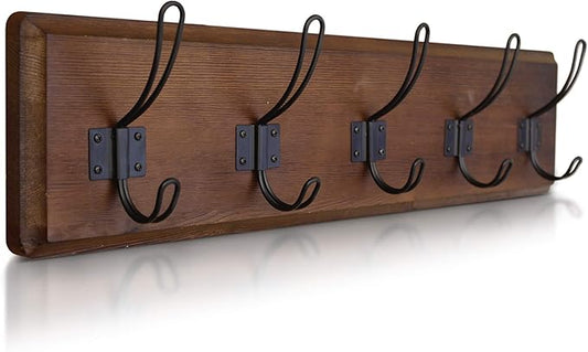 HBCY Creations Dark Wash Brown Rustic Coat Rack Wall Mount with 5 Hooks, Solid Pine Wood 24 inch Wall Hooks for Entryway, Mudroom, Hallway, Bathroom - Vintage Farmhouse Style Wall Mounted Towel Rack