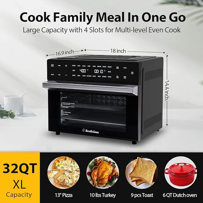 32QT Extra Large Air Fryer, 19-In-1 Air Fryer Toaster Oven Combo with Rotisserie and Dehydrator, Digital Convection Oven Countertop Airfryer Fit 13" Pizza, 6 Accessories, 1800w (Black)