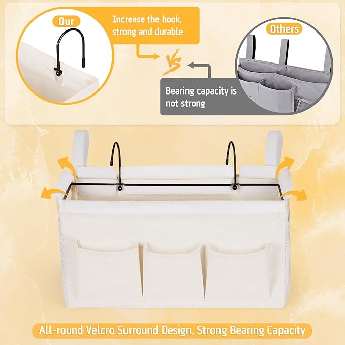 Bedside Caddy Organizer with Fixed Straps and Water Bottle Holder for Home, College Dorm, Hospital, Crib and Bunk Bed (2pcs White)