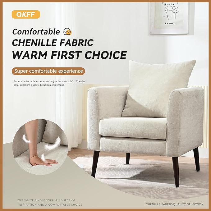 Barrel Accent Chair with Back Pillow, Large Upholstered Armchair with Solid Wood Legs Modern Reading Chairs for Living Room Bedroom