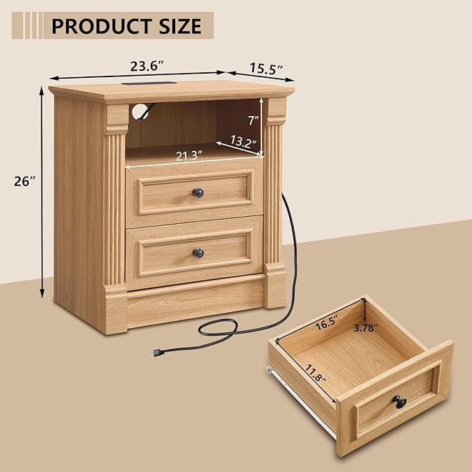 26" Tall Farmhouse Nightstand, 2 Drawers End Table w/Charging Station, 23.6" Wide Large Side Table w/Roman Column, Wood Rustic Sofa Table w/Open Shelf, Bedside Table for Bedroom, Natrual