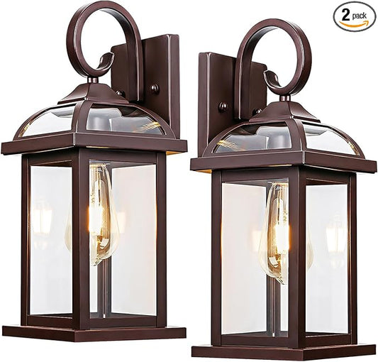 Bronze Outdoor Wall Lanterns Aluminum Anti-Rust Porch Lights 2-Pack, Exterior Light Fixtures IP65 Waterproof Clear Glass Brown Outdoor Sconces Lamps Wall Mount, Oil Rubbed Bronze