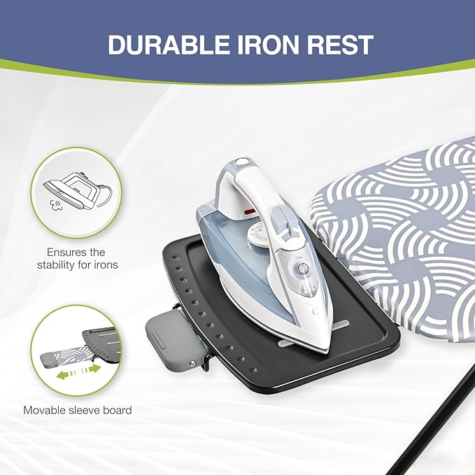 APEXCHASER Ironing Board, Full Szie Iron Board with Iron Rest,Height Adjustable,Extra Thick Heat Resistant Cover with Sleeve Board 15x45 Blue