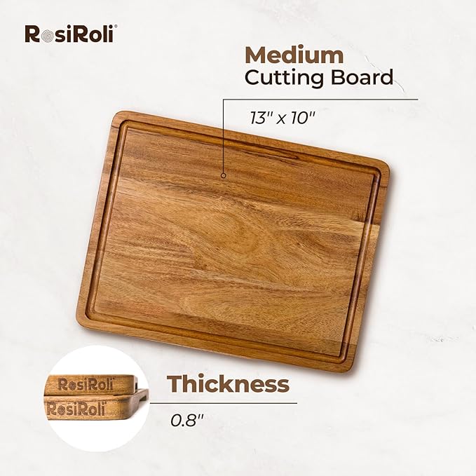 Acacia Wood Cutting Board for Kitchen - 0.8 inch Thick Wood Charcuterie Cheese Board with Side Handles and Juice Grooves, Wooden Chopping Block for Meat and Veggies, 13x10 inch
