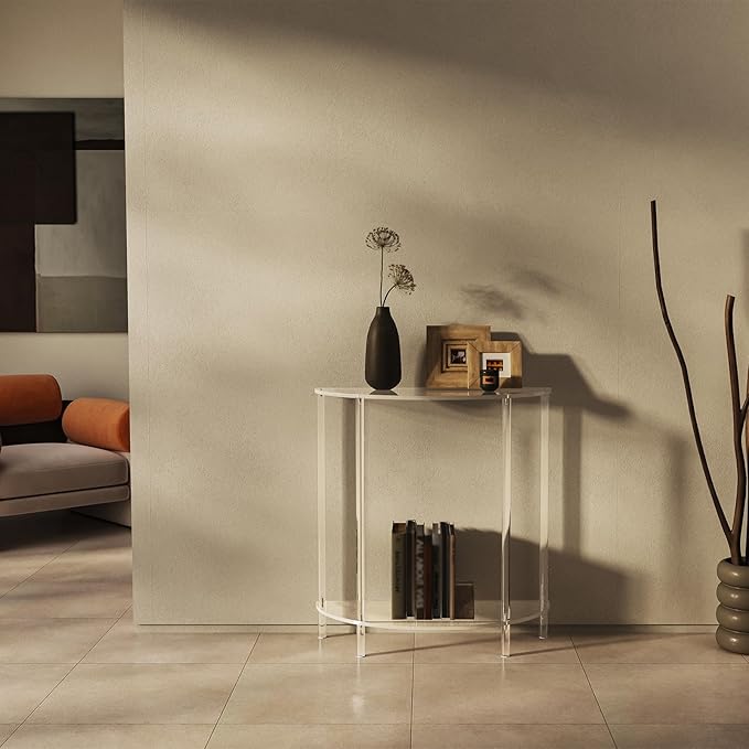 Acrylic Console Table, Half Moon, 29.5" Small Entryway Table, Clear Entry Table for Sofa, Foyer, Hallway, Living Room, Easy Assembly, 2 Tier, 11.8" D x 31.5" H