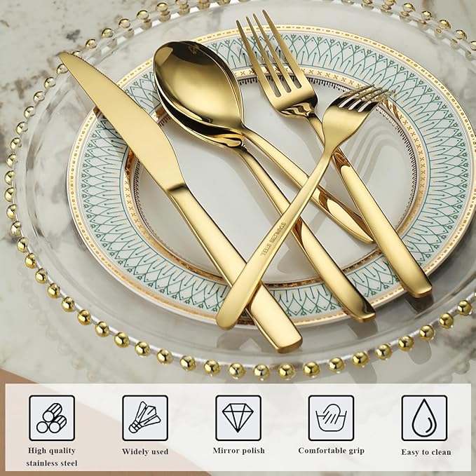 Berglander Gold Silverware Set 60pcs Service for 12, Golden Titanium Plating Stainless Steel Flatware Set, Gold Spoons Forks Knives Set for Home, Wedding, Restaurant, Hotel, Dishwasher Safe