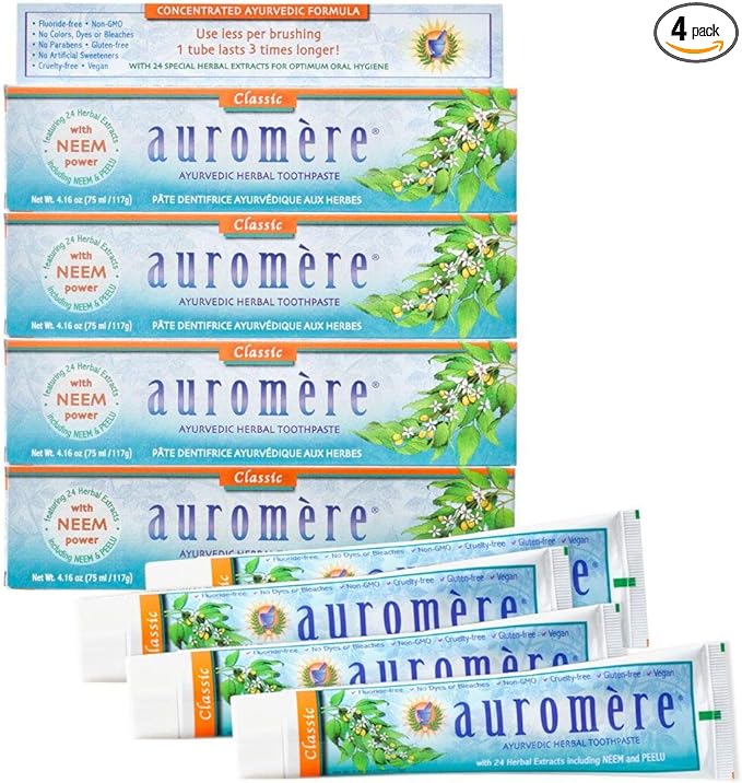 Auromere Ayurvedic Herbal Toothpaste, Classic Licorice Flavor - Vegan, Natural, Non GMO, Fluoride Free, Gluten Free, with Neem & Peelu (4.16 oz), 4 Pack