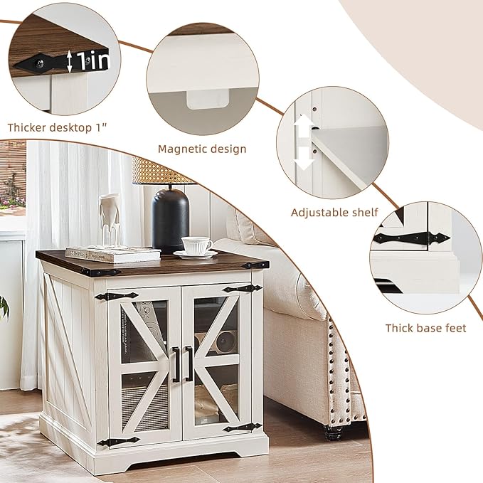 24" End Table Set of 2 with Charging Station, Farmhouse Night Stand with Glass Barn Door, Nightstands with Adjustable Storage Shelf, Large Wood Square Bed Side Table for Living Room,Bedroom