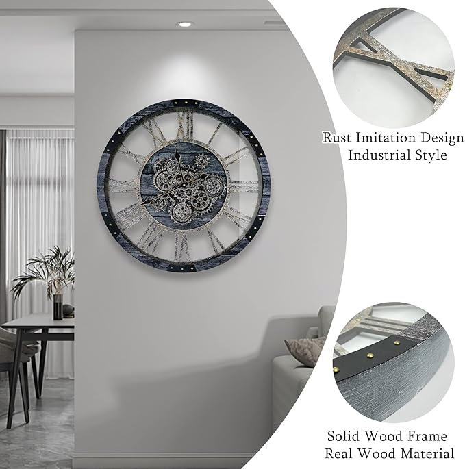 27 Inch Moving Gear Wall Clock, Oversized Wall Clocks, Clock Living Room Decor, Solid Wood Frame, Battery Operated, Large Wall Clock with Steampunk Industrial for Fireplace(Gray)