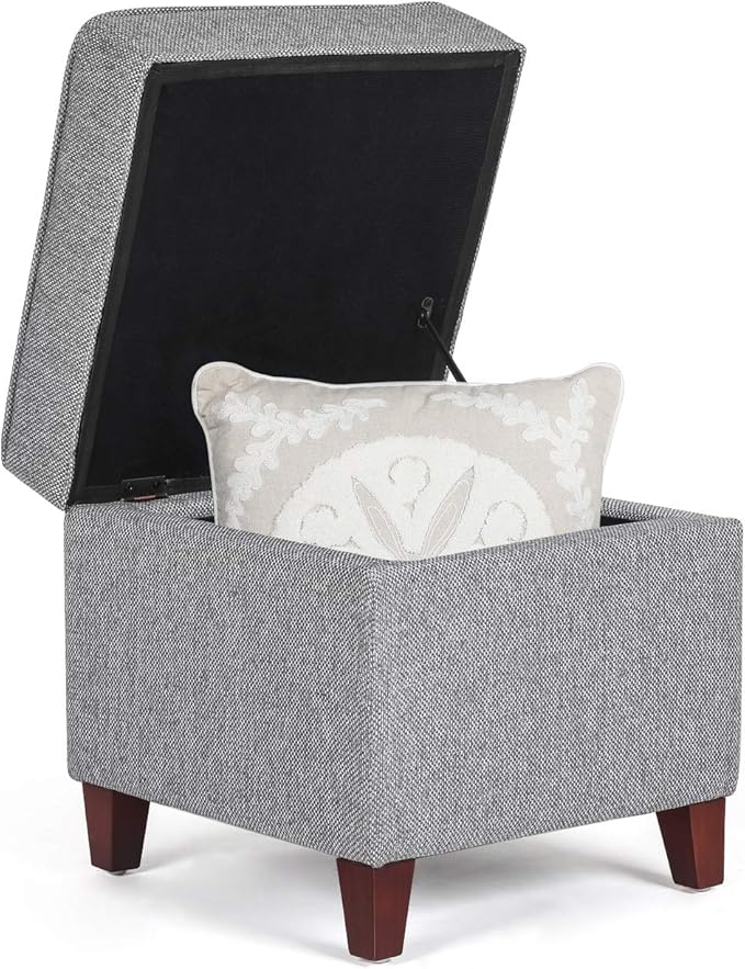 Adeco 17" Square Ottoman with Storage, Small Blue Storage Ottoman Foot Rest with Hinged Lid & Solid Wood Legs, Linen Fabric Foot Stool for Living Room & Bedroom