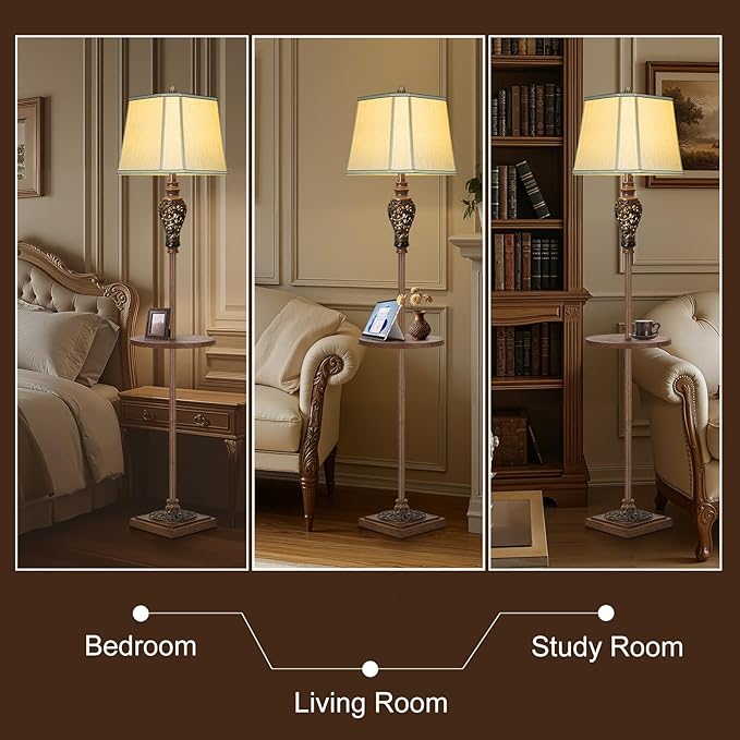 65" High Vintage Floor Lamp with Night Light and Glass Tray, Farmhouse Standing Lamp with Beige Faux Silk Shade, Retro Rustic Tall Lamp Decor for Living Room, Bedroom, Bedside, Corner (Bulb Included)