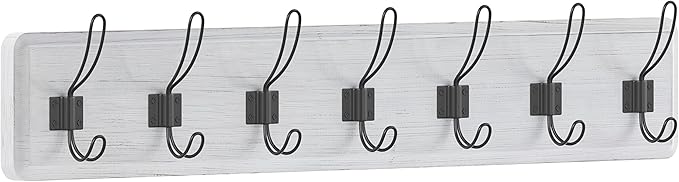 HBCY Creations Whitewash Solid Wood Wall Mounted Coat Rack with Shelf, 7 Hooks, 34" Long - Kitchen, Mudroom, Entryway, Bathroom - Includes Mounting Hardware, Coat Hanger, Dog Leash Hooks, Towel Rack