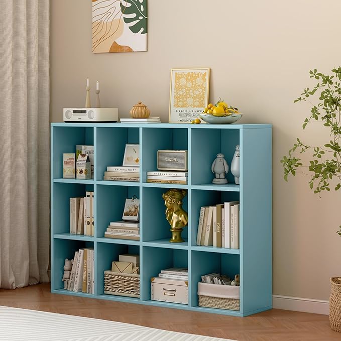 12-Cube Storage Shelf Bookcase - Wooden 3-Tier Floor Standing Open Bookshelf for Home and Office, Display Cabinet, Light Blue