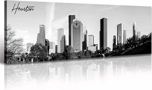 Black and White Wall Art Houston Skyline Canvas Print Picture Panoramic Cityscape Poster Decoration for Bedroom Office Home Decor Framed and Ready to Hang, 13.8"x47.3"