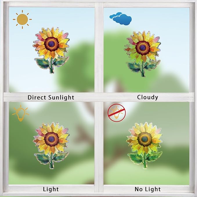12pcs Window Decals for Bird Strikes, Anti Collision Window Clings, Rainbow Reflection Window Sticker, Sunflower Style Sun Catcher Stickers for Glass Windows