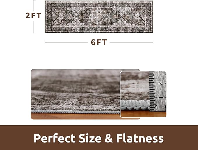AMOAMI-2X6 Runner Rug-Washable Runners for Hallways-Soft Non Slip Bedside Rugs for Bedroom-Vintage Long Rug for Hallways Entryway Laundry Room Stair Kitchen Bathroom Brick/Brown