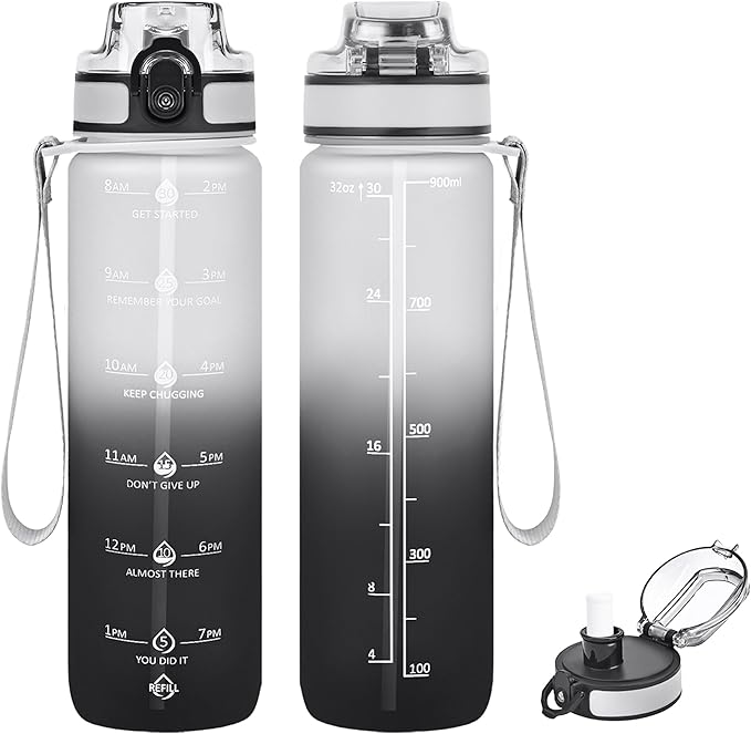 32oz Motivational Water Bottles with Time Marker & Fruit Strainer, Transparent Gradient Color Water Bottle with Times to Drink, Leakproof & BPA Free, Reusable Bottle with Strap (No Straw)