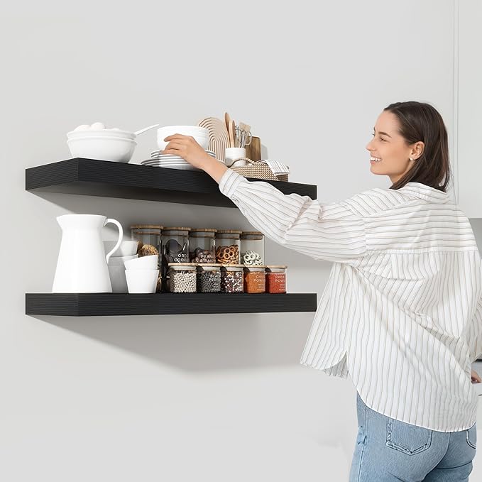 Heimlove 36 Inch Black Floating Shelves for Wall,10 Inch Deep Wood Shelves with Invisible Brackets,Wall Mounted Storage & Display Shelves for Bedroom,Living Room,Kitchen,Office