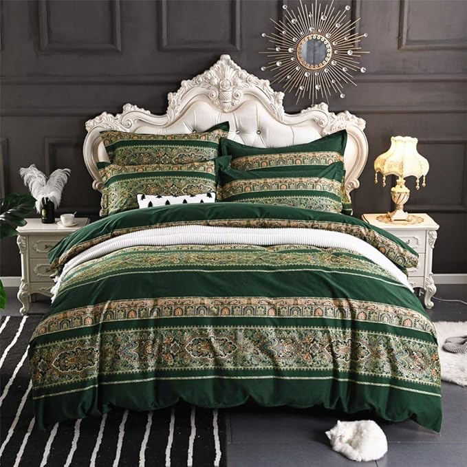 ABREEZE Bohemian Vintage Queen Size Floral Cotton Bedding Set 3Pcs Duvet Cover Set Boho Green Paisley 100% Egyptian Brushed Cotton Reversible Home Bedding Collection