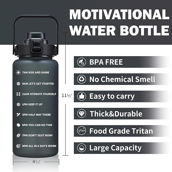 64oz,100oz,128oz Large Motivational Water Bottle with Time Marker, Leakproof & BPA Free Half Gallon Big Water Bottle with Straw Handle Tritan Frosted Water Jug for Gym,Fitness,Outdoor Sports