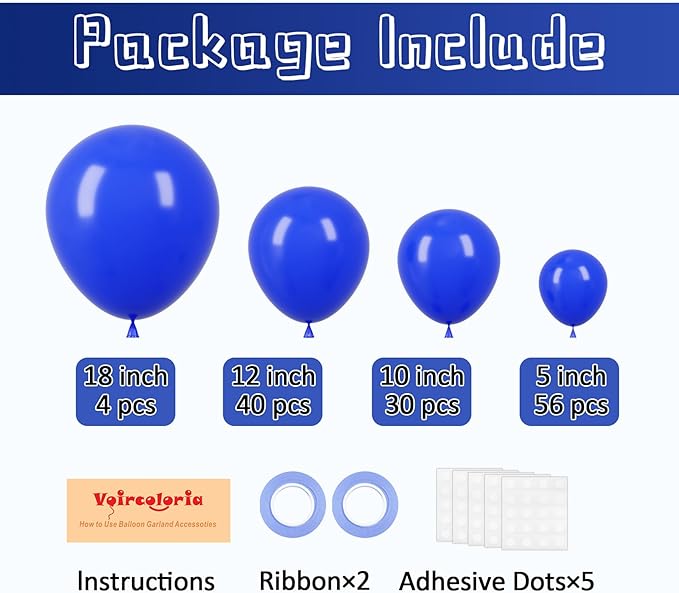 130pcs Royal Blue Balloons Different Sizes 18" 12" 10" 5" Party Latex Balloons for Birthday Graduation Baby Shower Anniversary Nautical Party Decorations