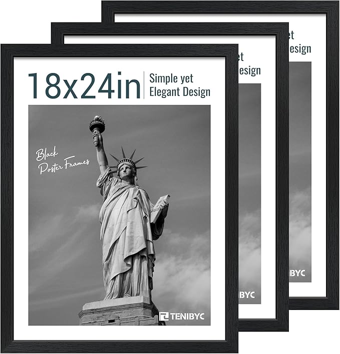 18x24 Poster Frame 3 Pack - Black Woodgrain, Solid Wood Gallery Picture Frame - Wall Hanging