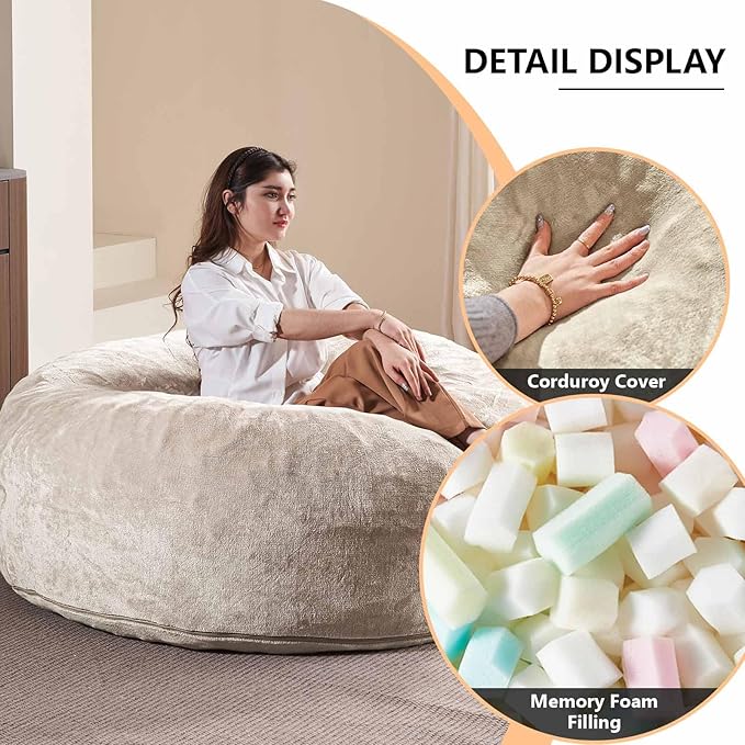5FT，Big Bean Bag Chairs for Adults，Large beanbag with Filler Included，Memory Foam Material，Easy to Clean and Washable Corduroy Fabric，Suitable for Living Room and Bedroom (Apricot, 5 Foot)