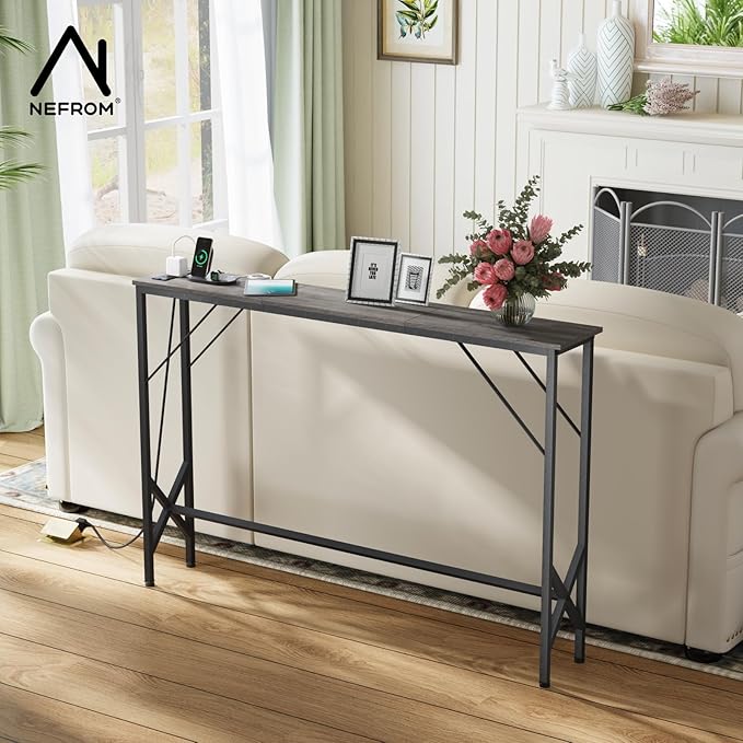 47.2'' Console Table, Skinny Entryway Table with Fast-Charging Station, Narrow Long Sofa Table, Behind Slim Couch Table for Entrance, Hallway, Living Room Decor ST-GY120-1