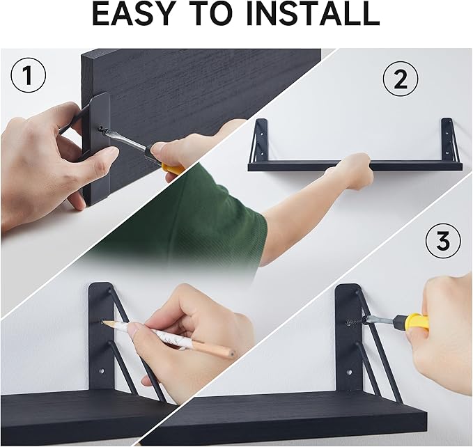 BAYKA Wall Shelves for Bedroom Decor, Floating Wall Shelves for Living Room Kitchen Storage, Wall Mounted Rustic Shelves for Kids Books, Corner Shelf for Bathroom(Carbonized Brown,Set of 4)