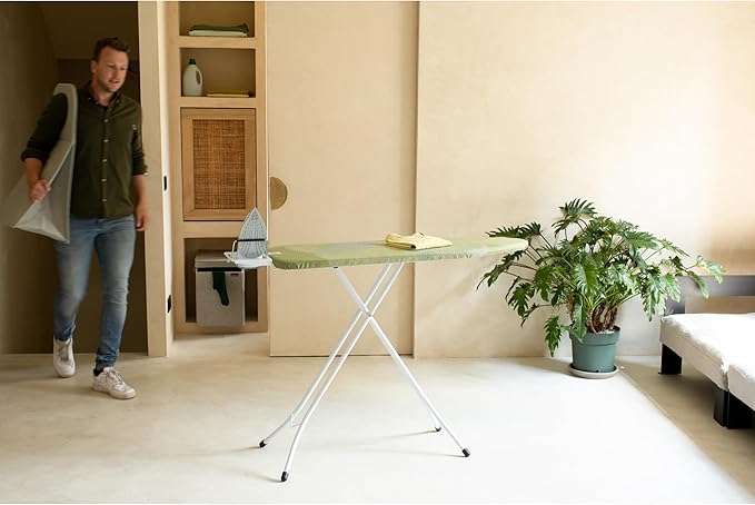 Brabantia Size A Compact Small Ironing Board (43x12 in) 7 Height Options, Adjustable Steam Iron Rest Holder (Calm Rustle) Non-Slip Feet, Anti-Collapse Child Locks