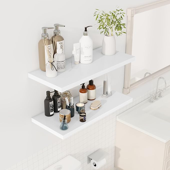30" Floating Shelves for Wall, 12" Deep Slim White Floating Shelves, Wall-Mounted Shelves for Bedroom, Living Room, Kitchen, Bathroom - Set of 2