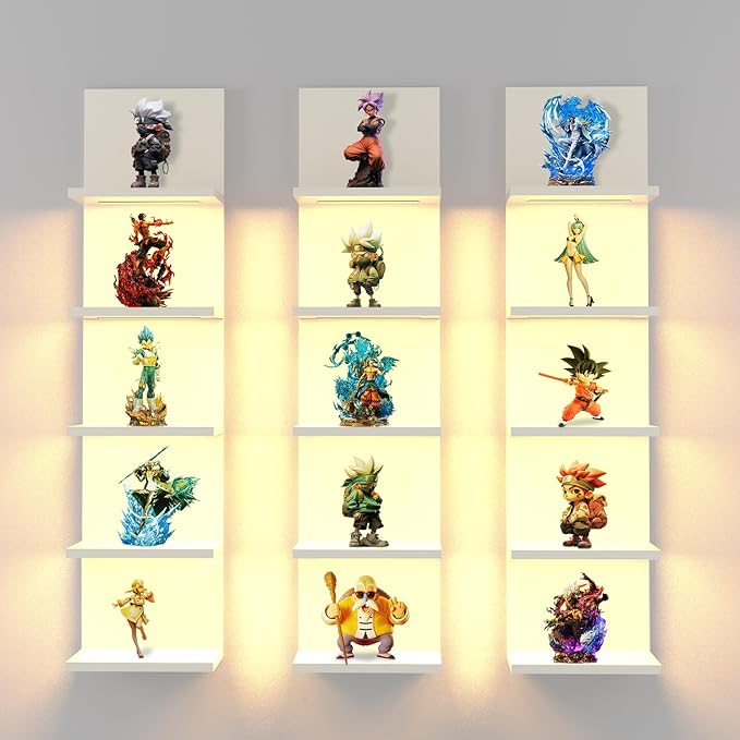 5 Tier Wall Shelf with Light, White Modern Vertical Lack Wall Shelves, Wall Mount, Floating Column Home Decor Shelves for Bedroom, Living Room, Vanity Storage Display