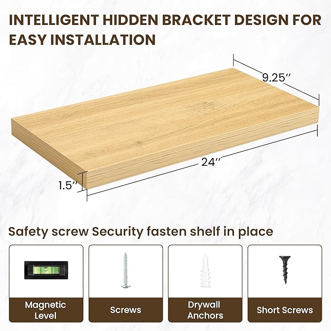 24 Inch Floating Shelves, 3D Textured Wood Grain, 24"x9.25"x1.5" Inch Deep Floating Shelves for Wall, Wooden Shelves for Bathroom, Bedroom, Living Room, Natural