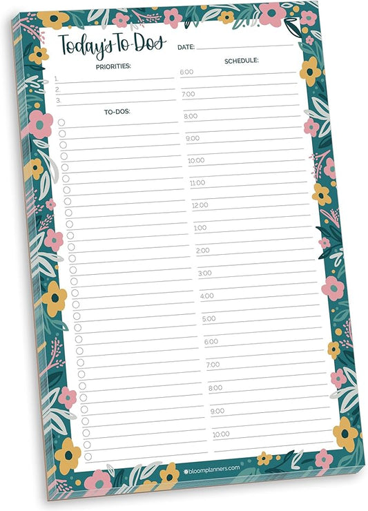 bloom daily planners Undated Daily Planner Notepad with Hourly Schedule for Appointments - Time Block To Do List Planning Pad - 80 Sheets - 6" x 9" - Garden Blooms