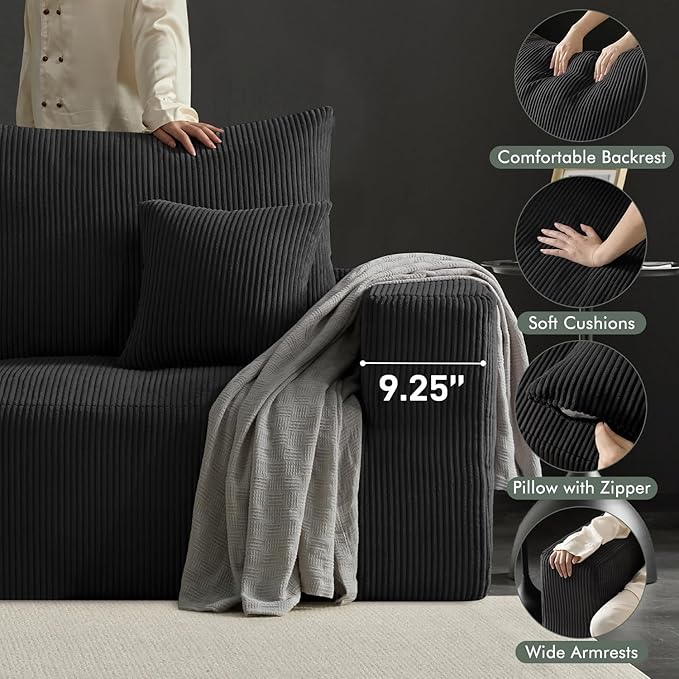 Boneless Cloud Couch Sofa for Living Room, 112" 3 Seater Black Modern Lounge Sleeper Couch, No Assemble, Cordury Compression Upholstered Couches