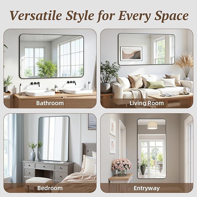 Bathroom Mirror 48" x 36", Large Rectangle Wall Mirror, Black Metal Frame Wall Mounted Mirrors for Bathroom, Vanity, Bedroom, Entryway Decor(Horizontal/Vertical)