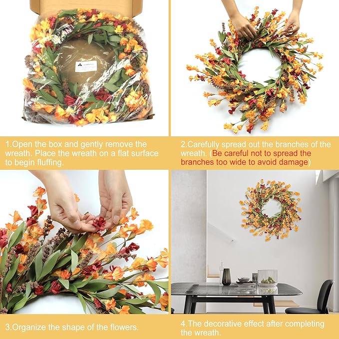 Artgar Fall Wreath, Fall Wreaths for Front Door, 24 in Fall Decor Floral Wreath, Door Wreaths for Front Door Outside All Season for Thanksgiving Home Indoor Outdoor Wall Decor (Red Orange Yellow)