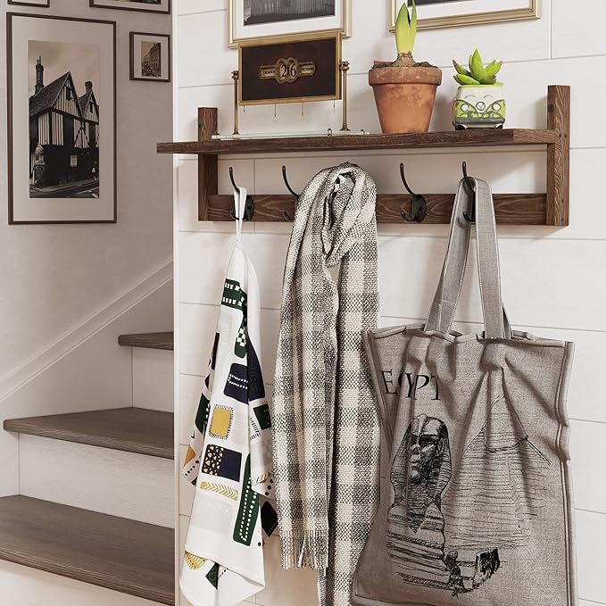 BAMEOS Wall Mounted Coat Rack with Adjustable Easy Install, Rust Proof, Brown Wooden Material, 28.9 Inch Length