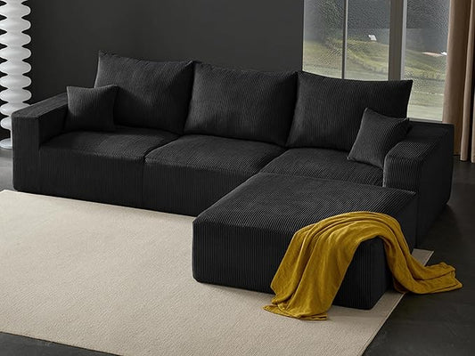 Boneless Sectional Cloud Couch Sofa for Living Room, 112" L-Shaped Modular Modern Lounge Sleeper Black Couches with Chaise, No Assemble, Cordury Compression Upholstered Sofas