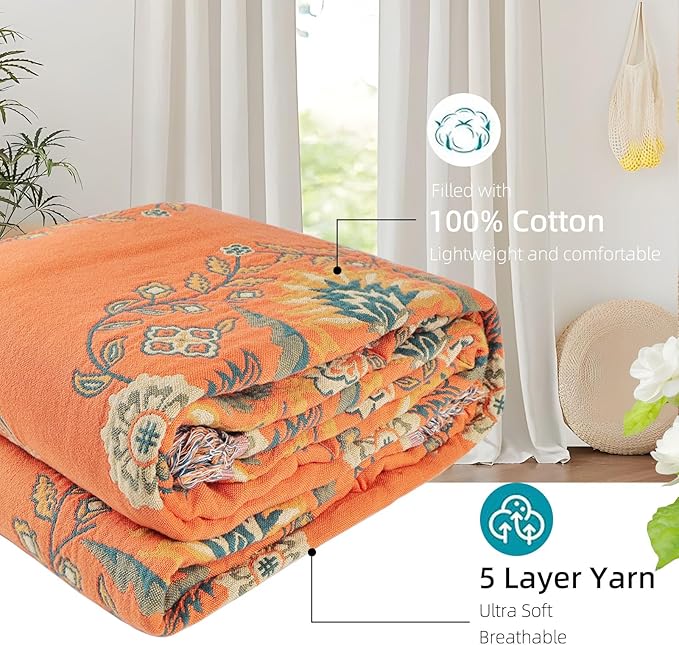 Boho Throw Blanket for Bed - 100% Pure Cotton Ultra Soft Rustic Quilt - Farmhouse Decor Bed Blankets, All Season Rustic Throw for Sofa Couch Chair(60"×80", Boho)