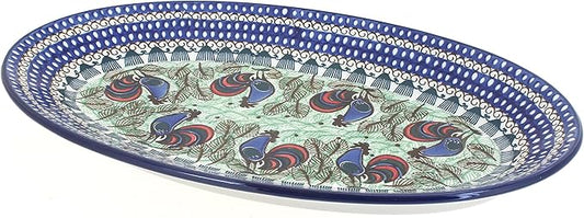 Blue Rose Polish Pottery Rooster Row Oval Platter
