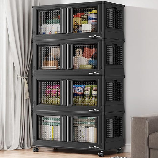 400Qt Stackable Storage Bins with Lids, 100Gal Closet Organizers and Storage Drawer, Plastic Collapsible Storage Bins with Doors, Heavy Duty Store Box Cabinet for Home Kitchen, 4Pack Black