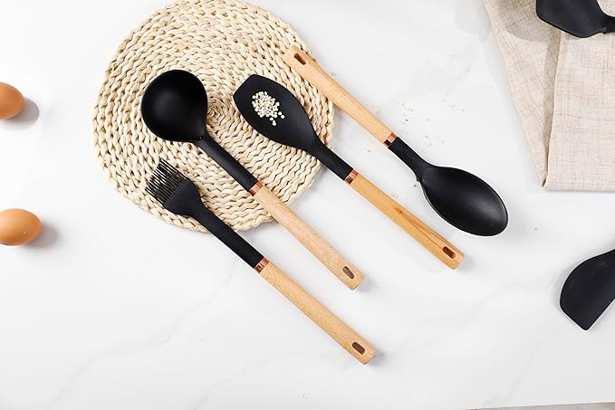 13-Piece silicone utensil set wood handle nonstick cookware safe dishwasher safe kitchen tools BPA free heat resistant (450°F/230°C) ceramic pan safe cooking gifts housewarming (Black)