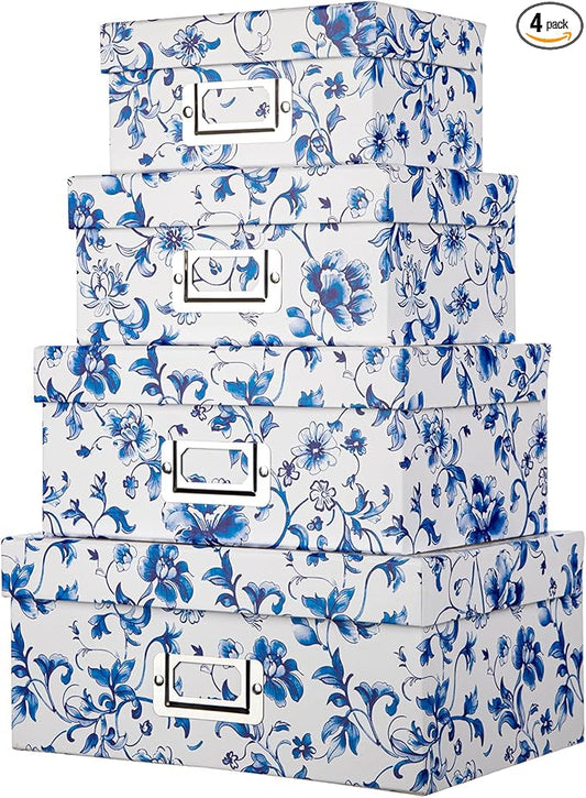 Briful Decorative Photo Storage Boxes with Lids, Set of 4 – Blue and White Porcelain Pattern, Nested Card Storage Box Organizer, Decorative Paperboard Box for Closet, Office, Gifts,Cosmetic,Books