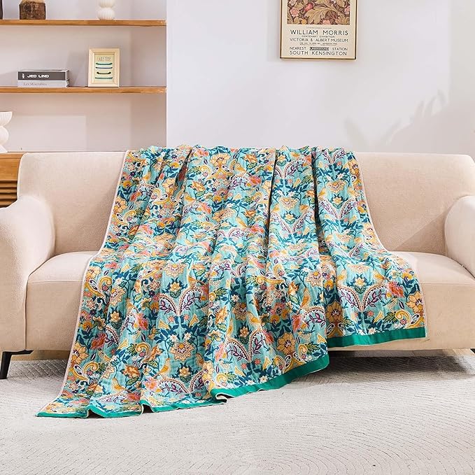Boho Blanket Throw Quilt, 100% Cotton Soft Light Weight Throw Blankets for Summer, 90"x98" Farmhouse Flower Decorative Blankets, All Season Rustic Reversible Bohemian Throw Quilt